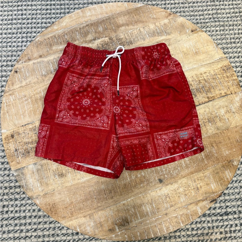Red Athletic Shorts with Bandana Pattern